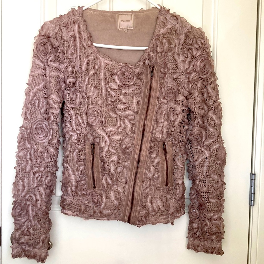 Light lavender gray floral on mesh design jacket. Size XS.
